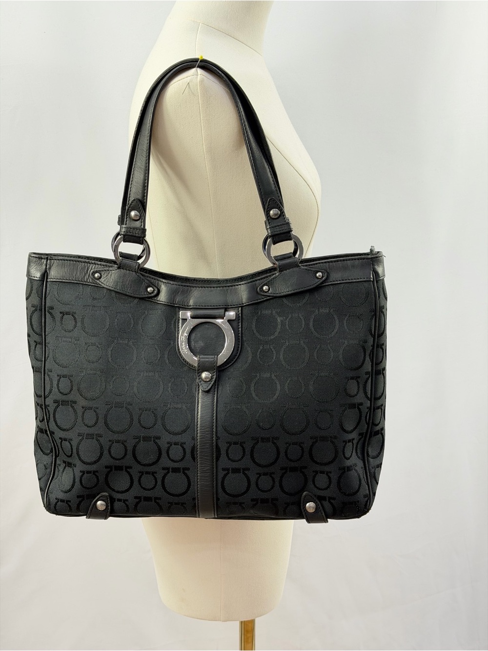 Salvatore Ferragamo Gancini Canvas Leather Tote EY-21 6848